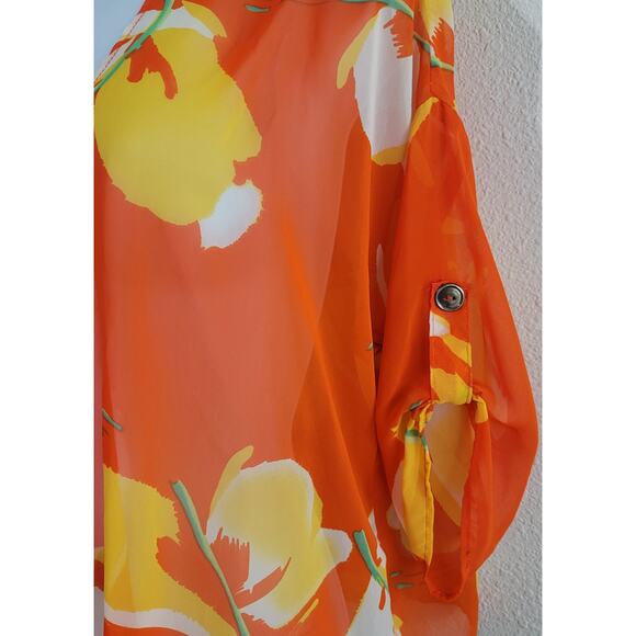 Tea N Rose Orange Floral Open Front Sheer Kimono Medium Roll Tab Sleeves Soft - Picture 2 of 5